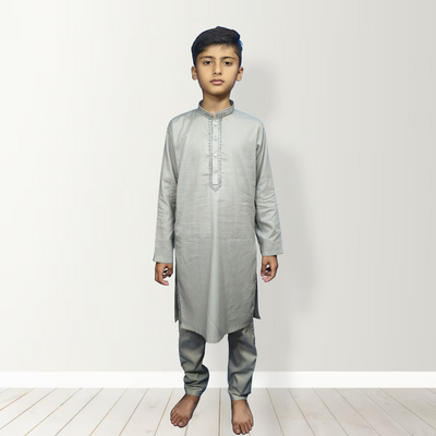 Boys' Grey KURTA PAJAMA | SOFT COTTON Fabric | Embroidered Kameez with Ban Collar