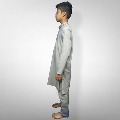 Boys' Grey KURTA PAJAMA | SOFT COTTON Fabric | Embroidered Kameez with Ban Collar