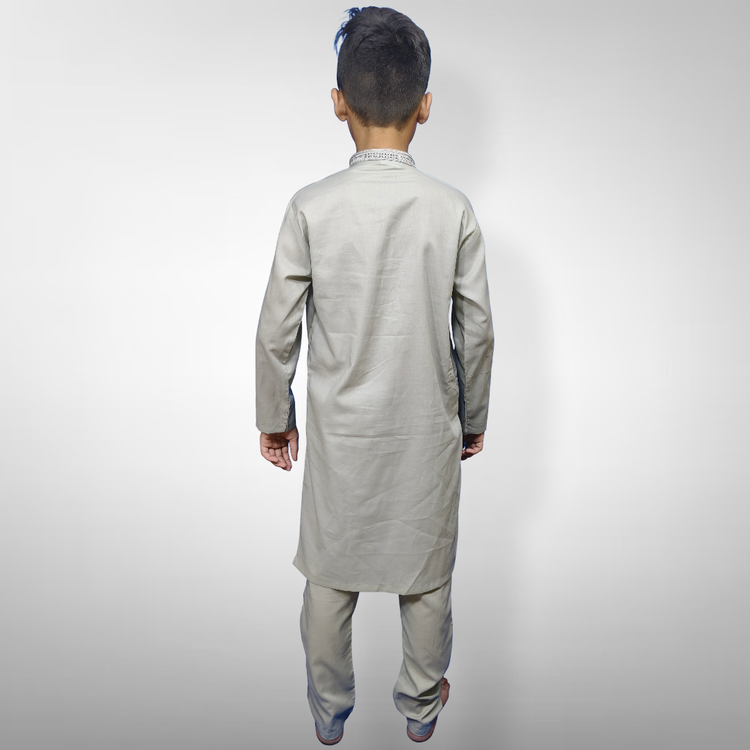 Boys' Grey KURTA PAJAMA | SOFT COTTON Fabric | Embroidered Kameez with Ban Collar