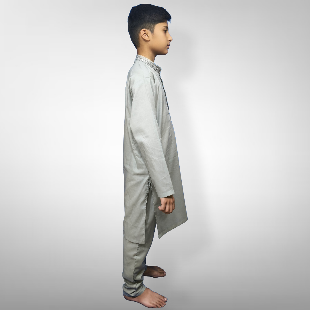 Boys' Grey KURTA PAJAMA | SOFT COTTON Fabric | Embroidered Kameez with Ban Collar