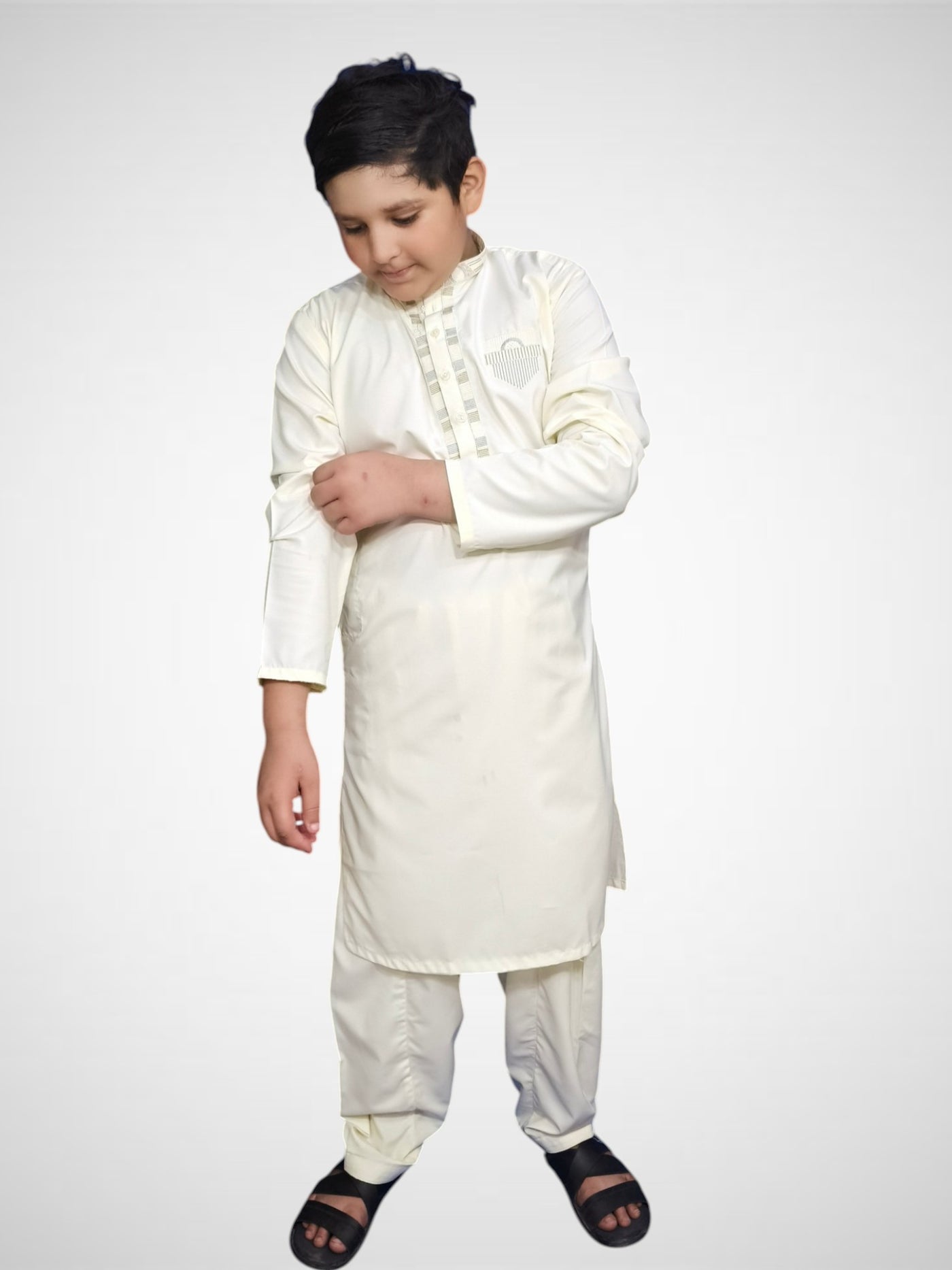 Elegant Boys' Off-White Shalwar Kameez | Wash Wear Fabric | Embroidered Kameez with Ban Collar