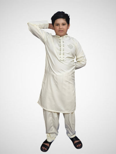 Elegant Boys' Off-White Shalwar Kameez | Wash Wear Fabric | Embroidered Kameez with Ban Collar